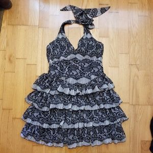 Lace Print Tiered Ruffle Halter Neck Dress